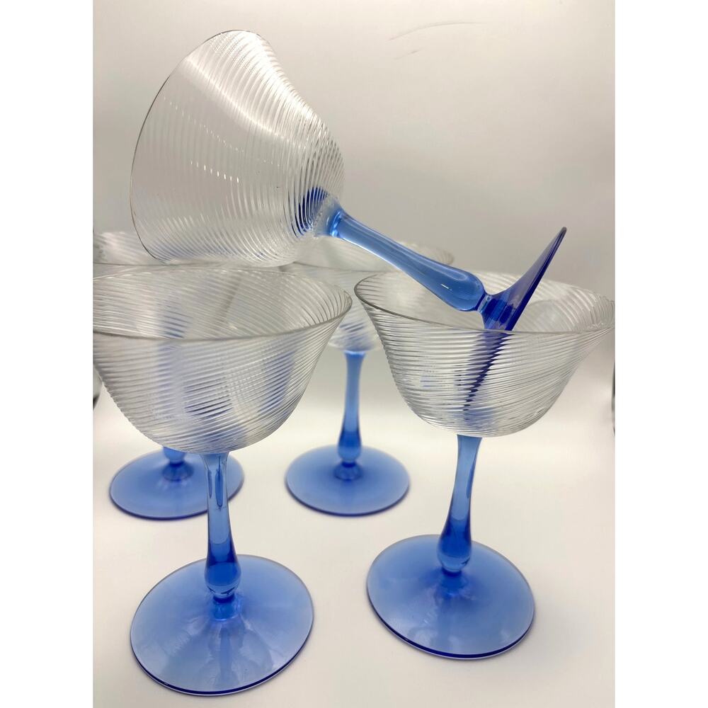 Vintage Blue Slender Stemmed 'Optic Spiral' Glasses Set of Five (5)